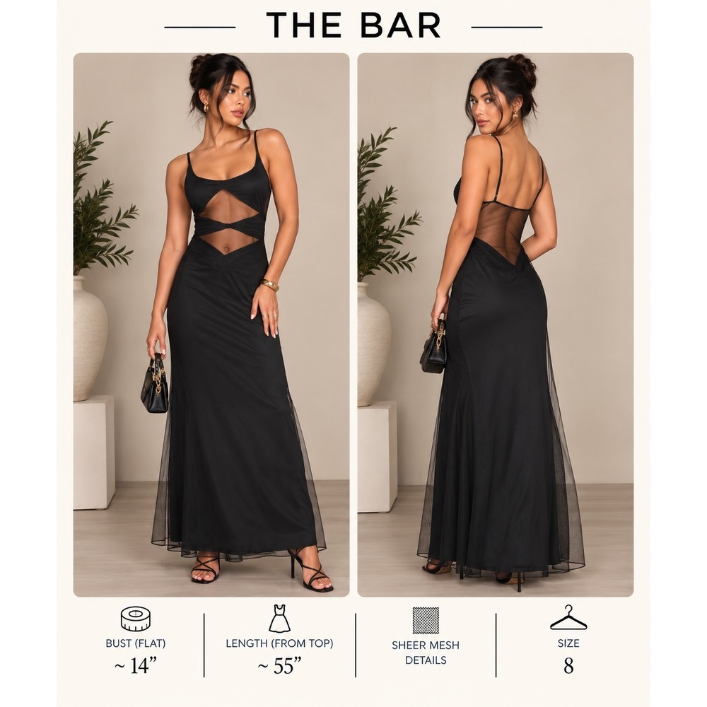 The Bar Black Mesh Cutout Maxi Dress Size 8 Sheer Formal Gown Evening Wear